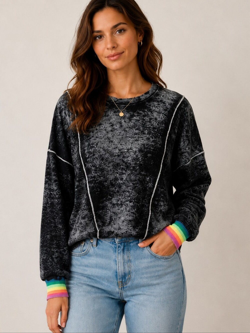 WISPR by Brodie Pullover Cropped Crewneck Sweater Burnout Black Rainbow Cuff XL